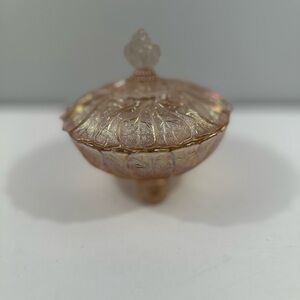 Vtg Imperial pink opalescent glass footed candy dish Acanthus Leaf pattern
